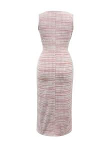 Elenzga 优雅法式风格弹力银线斜纹软呢酒红色高端设计，方领修身显瘦，珍珠纽扣无袖紧身连衣裙，适合假日、独立日等场合穿着。 - 彩色 - 查看 6