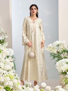 Al Najma 女士V领全印花喇叭袖开襟休闲宽松阿拉伯风格连衣裙 - 彩色 - 查看 4