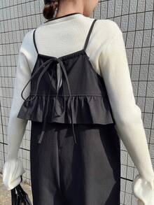 FRIFUL 女士荷叶边下摆纯色露背连体裤，宽松版型，春季款 - 黑色 - 查看 6