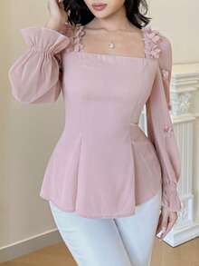Feyla 优雅3D立体花卉雪纺长袖荷叶边下摆女式衬衫方领女式上衣优雅3D花朵衬衫粉色上衣女士优雅衬衫法式风格女式上衣和衬衫 - 藕粉色 - 查看 3