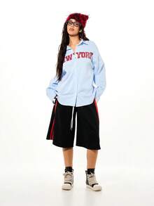 SUMWON WOMEN New York Print Striped Button Front Oversized Long Sleeve Shirt With City Name Graphics And Statue Of Liberty Back Design Casual Collared Top - Blue and White - View 3