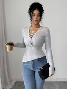 Selianne Damen Pullover mit Bindekragen, asymmetrischem Saum und figurbetonter, stilvoller Passform in Unifarbe - Grau - Übersicht 3