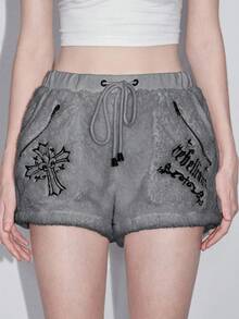 ROMWE Y2K Gothic Cross Embroidered Fuzzy Women Shorts, Halloween - Dark Grey - View 4
