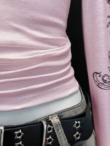 EgrlEra Cross Print V-Neck Thin Long Sleeve T-Shirt, Punk Style - Pink - View 4