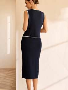 Lymera Women's Navy Blue And White Summer Elegent Office 2-Piece Set,Metal Button Contrast Trim Vest & Skirt Co-Ords For Party,Graduation & Work - Multicolor - View 2