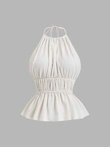 Sweetra Bộ đồ nữ kiểu Pháp giản dị, thoải mái, màu sắc tươi tắn gồm áo cổ yếm, eo nhún, hở lưng và quần ống rộng, dáng suông, thích hợp cho mùa xuân/hè. - Màu be - Xem 3