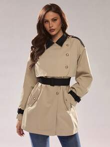 Glamine Contrast Color Decor Vintage Casual Daily Wear Women Trench Coat Work - Khaki - View 3
