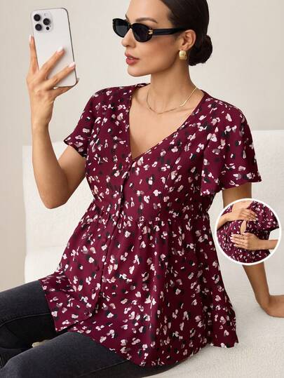 MaterniWear Summer Women Office, Business Maternity Work Elegant V-Neck Short Sleeve Ditsy Floral Casual Nursing Top, Waist Cinched, Summer, Old Money Style, Suitable For Pregnant Women Commuting Or Going Out To Work.