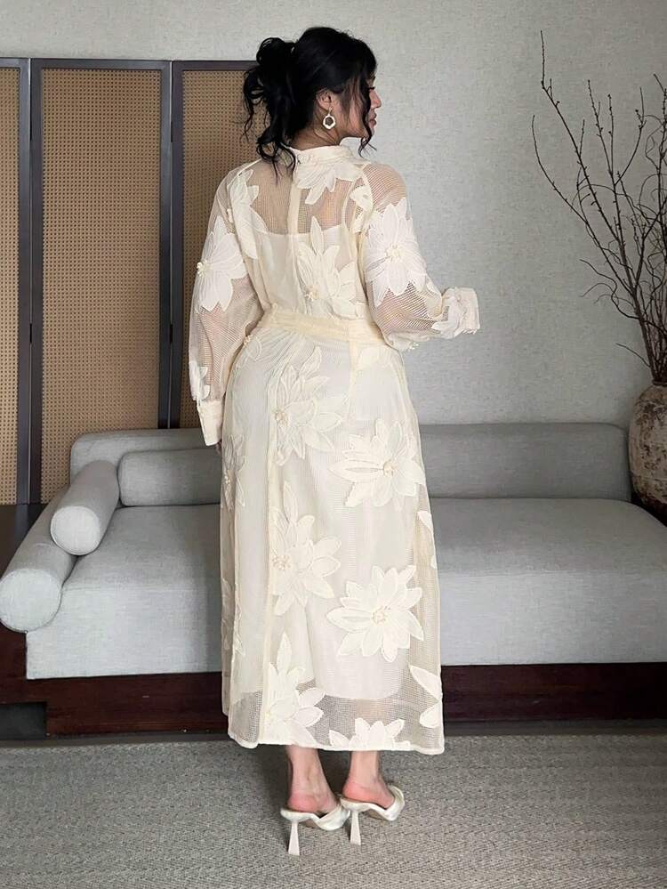 Dazy Plus Plus Size Valentine Lace Mesh Splice Elegant Stand Collar Tie-Up Mid-Length Casual/Work Wear Long Sleeve Dress Dress Sundress