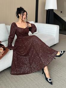 Dazy Plus 大尺碼女款棕色圓點秋季優雅婚禮賓客情人節亮片刺繡方領繫腰喇叭袖貼身閃亮派對洋裝 - 棕色 - 查看 4
