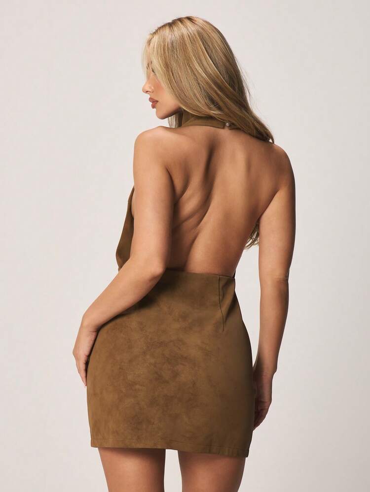 MISSGUIDED Suede Shift Mini Dress Sleeveless High Neck Bodycon Fall Winter Style Party Event Halter Backless Design