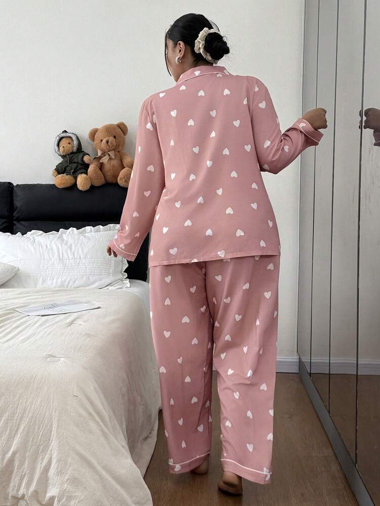 Dream Adore Heart Print Shirt Style Cardigan Sleepwear Set, Plus Size - Pink - View 3