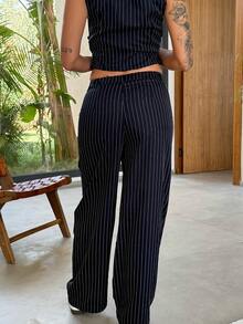 Mélanie ORL V 领无袖侧系腰直筒裤海军蓝条纹西装套装，初秋装返校学院风上衣 2 件套海军蓝裤子老款风格，商务休闲女装，办公室装女装套装。条纹海军蓝套装，职业装 - 藏蓝色 - 查看 2