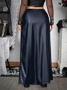 Whyspr Plus Size Autumn/Winter PU Faux Leather Metal Grommet Lace-Up Hollow Out Double Slit Elegant Vintage Sexy Punk Goth Long Skirt - Blue - View 2