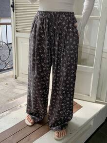 Dazy Plus 碎花图案松紧腰抽绳宽松直筒睡裤 - 黑色 - 查看 8