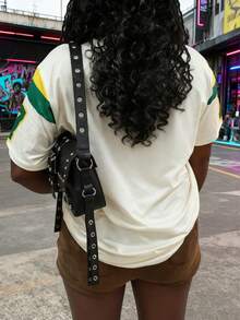 Rovax Y2K街头嘻哈几何数字印花宽松女式圆领T恤 - 卡其色 - 查看 2