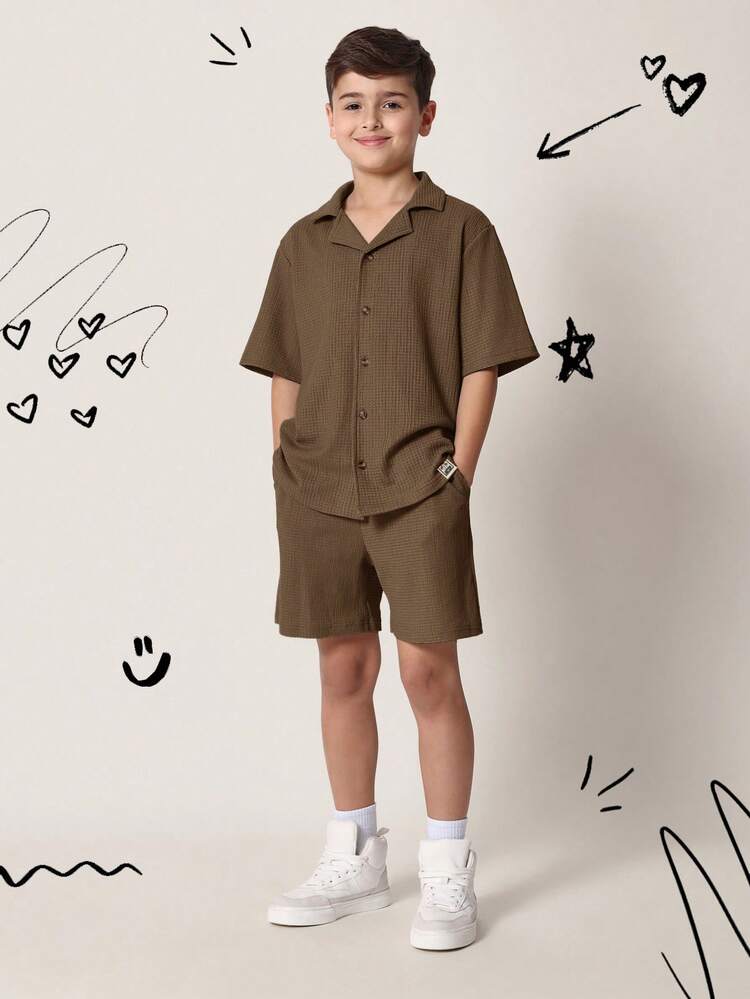 Textured Button Up Shirt And Shorts Set