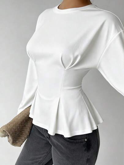 Aloruh Women's Casual Round Neck T-Shirt With Ruched Waist, Solid Color T-Shirt For Daily Commute And Home Wear, Long Sleeve Knit T-Shirt With Floral Mesh Blouses For Women Elegant