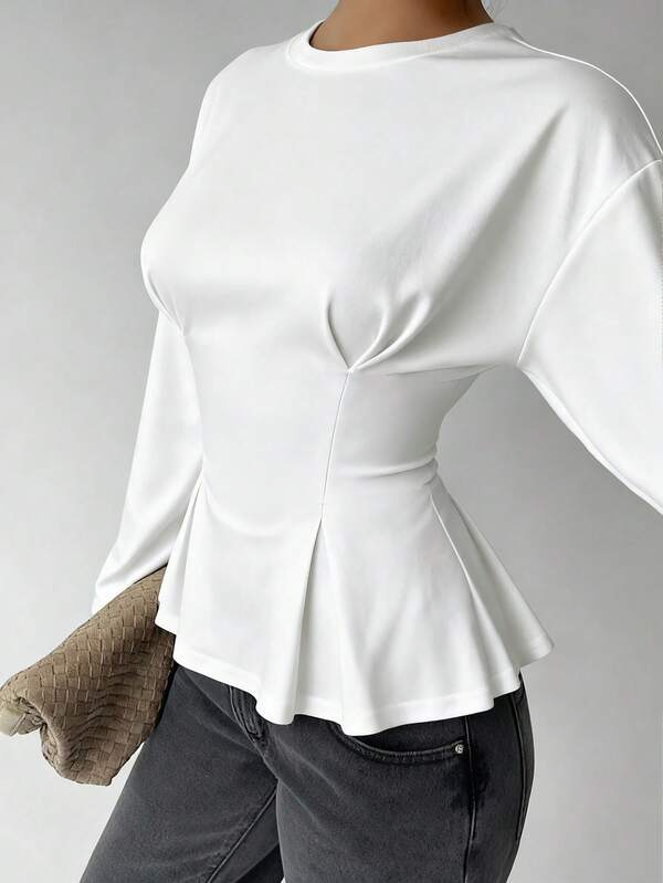 Aloruh Women's Casual Round Neck T-Shirt With Ruched Waist, Solid Color T-Shirt For Daily Commute And Home Wear, Long Sleeve Knit T-Shirt With Floral Mesh Blouses For Women Elegant