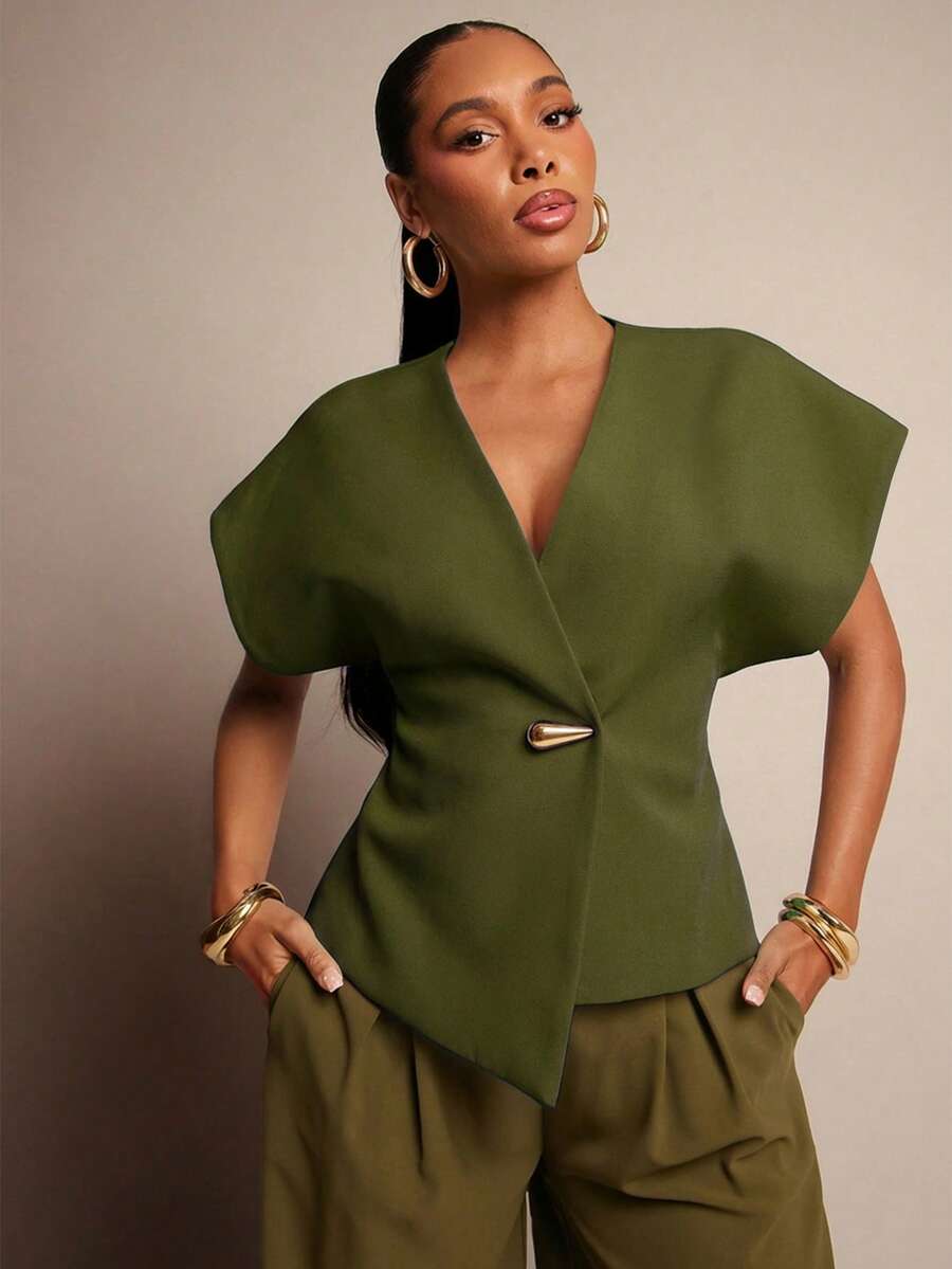 Vixey Solid Textured Woven Asymmetrical Hem Single Button Waistcoat Top - Dark Green - View 1