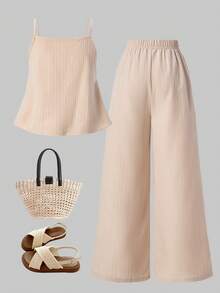 SHEIN Sparklyn Tween Girls' Casual Sweet Textured Crinkle Fabric Drawstring Design Camisole Top & Wide Leg Pants 2-Piece Set, Suitable For Daily, Commute, Holiday, Sisterly Street Style, Spring/Summer - Camel - View 2