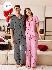 CoupledUp Striped Heart Print Casual Loungewear Pajama Set For Men - Black - View 7