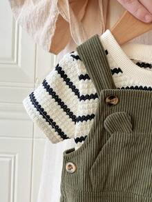 Set de 2 piezas para niños pequeños: Camiseta de manga corta de cuello redondo a rayas y pantalón peto de pana ajustable con oso, adecuado para ir y venir, la escuela, vacaciones, deportes, primavera/otoño, 6M-3T, ropa para niños, ropa para bebés, ropa para niños pequeños, camiseta para niños pequeños, peto para niños pequeños - Verde Oscuro - Ver 5