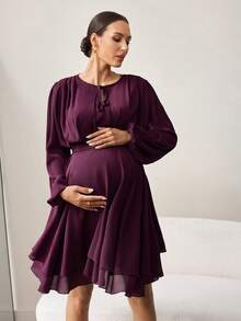 MaterniWear Đầm bầu tay dài màu trơn, kiểu xoắn phía trước. - Màu Đỏ Sâu - Xem 3