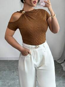 Gloray Plus Size Women Metal Decor Asymmetric Collar Short Sleeve Fashionable T-Shirt - Brown - View 1