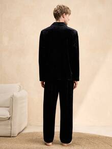 EverLounge Men's Velvet Collar Pajama Set With Double Pants, Elastic Waist, Thickened, No Pockets - Black - View 2