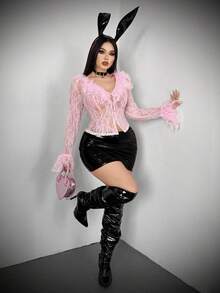 Whyspr 女士毛绒撞色蕾丝长袖衬衫，性感约会装，秋冬季 - 粉色 - 查看 1