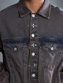 ROMWE MEN Street Life Men's Casual Retro Airplane Buckle Collar Denim Jacket - Black - View 2