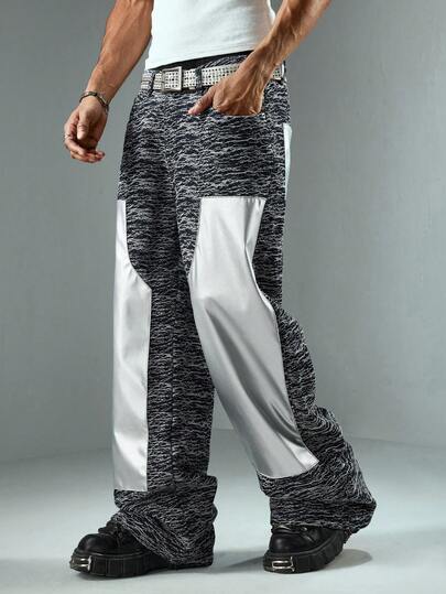 Street Life Jeans anchos y sueltos con bolsillos de PU brillante plateado en patchwork para hombres