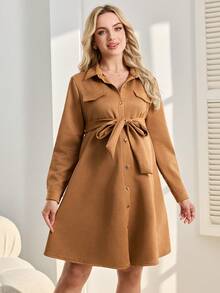 SHEIN Vestido camisero de manga larga de unicolor y estilo elegante para maternidad - Marrón - Ver 4