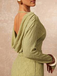 Lumalex Olive Green Autumn Seductive Night Out Mini Dress,Textured Stretch Draped Open-Back Cowl Long Sleeves Soft Crinkle Knit Body-Contouring Elegant Party - Green - View 7
