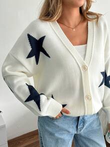 EURMUSE Women's Pentagram Jacquard Drop Shoulder Long Sleeve Casual Loose Knit Cardigan - White - View 4
