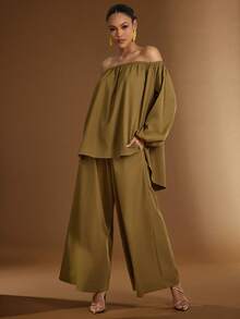 Hauture Pantaloni damă cu talie elastică, model minimalist simplu și croială lată, super drăguță - Kaki - Vizualizare 4
