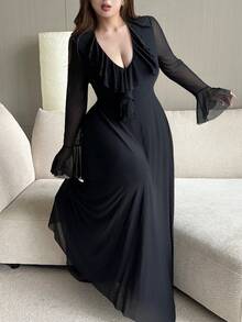 Vibekara 大码女式V领复古性感浪漫派对通勤可爱薄纱荷叶边网纱长袖纯色连衣裙，适合日常穿着、返校、生日、派对、婚礼宾客、优雅晚礼服、情人节约会、感恩节等场合。 - 黑色 - 查看 8