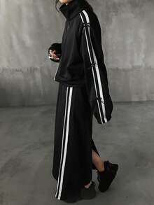 FRIFUL 女士撞色侧条纹印花拉链外套和裤子两件套休闲套装，秋季女装家居服套装 - 黑色 - 查看 5