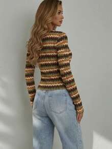Glamine Multicolor Casual Striped Long Sleeve Deep V Neck Asymmetrical Twist Front Cropped T-Shirt - Multicolor - View 7