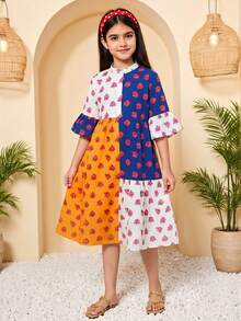 SHEIN Vestido camisa casual de parchwork tejido para niñas preadolescentes de vacaciones - Multicolor - Ver 4