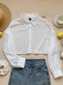 SHEIN EZwear Solid Drop Shoulder Button Front Shirt - White - View 5