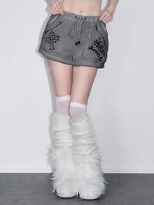 ROMWE Y2K Gothic Cross Embroidered Fuzzy Women Shorts, Halloween - Dark Grey - View 2