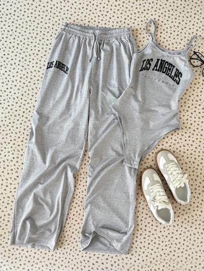 SHEIN Conjunto de 2 piezas para adolescentes: Body con bordado de copos de nieve y pantalones jogger casuales vintage con copos de nieve, primavera/verano