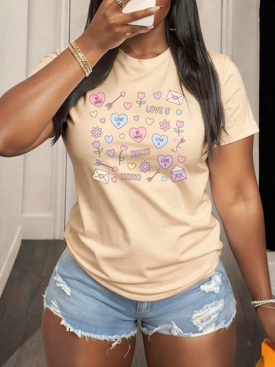 Camiseta de manga corta con estampado de corazones flores y mensajes de amor para San Valentín - Albaricoque - Ver 1