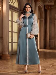 Al Najma Women's Floral Patchwork Mesh Lantern Sleeve V-Neck Elegant Arabic Dress - Multicolor - View 4
