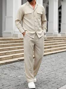 Core Aspect 男士舒适纯色长袖衬衫搭配松紧腰拉链长裤套装，浪漫优雅，适合正式或休闲场合，如派对、晚宴、简约办公、通勤、商务等，春、秋、冬四季皆宜，可搭配西装或休闲装、鸡尾酒礼服，自用或送礼皆宜。 - 杏色 - 查看 3