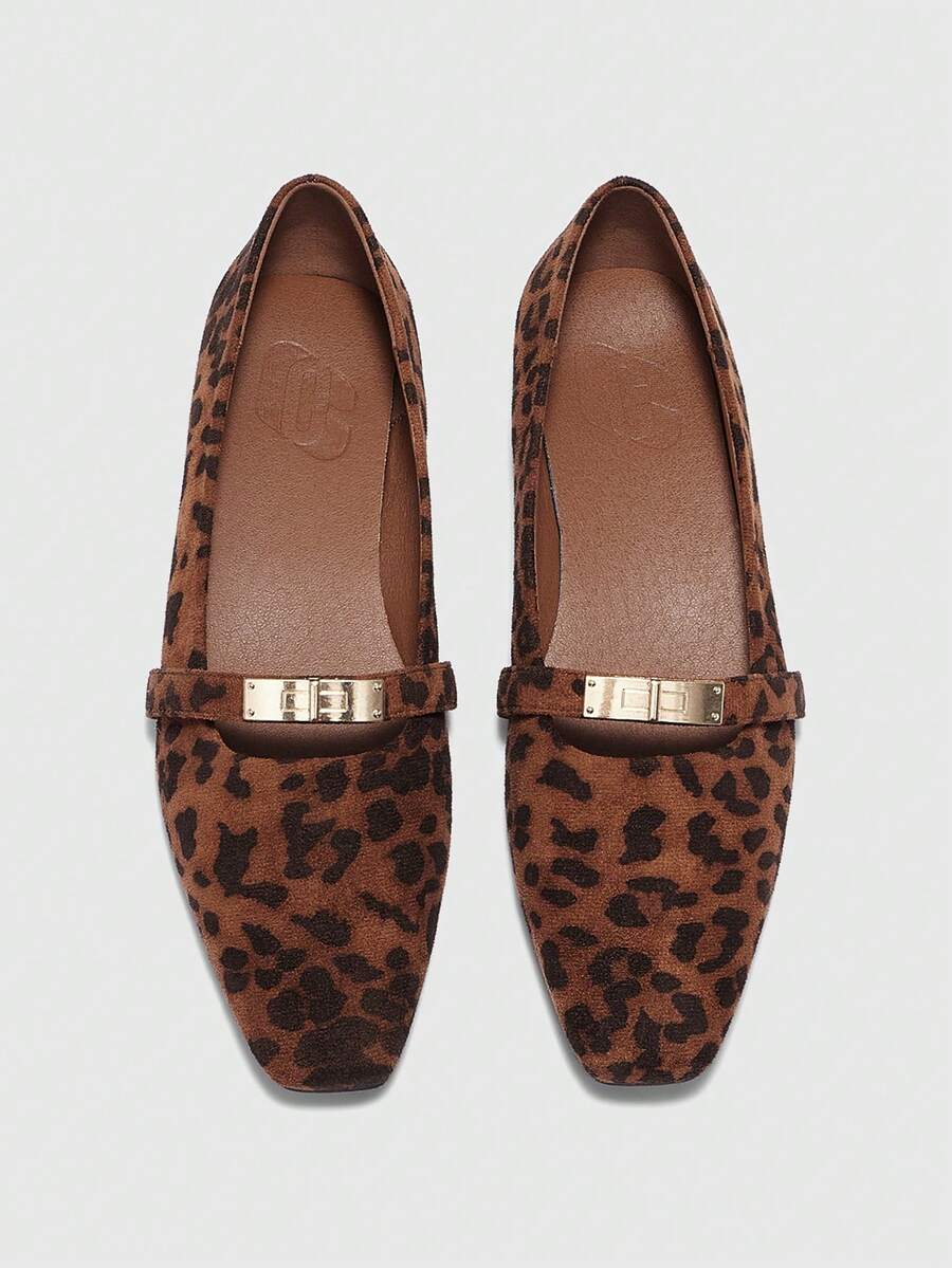 CUCCOO BIZCHIC 女士方头平底巧克力色金属扣套脚平底鞋，舒适休闲玛丽珍鞋，适合搭配连衣裙 - 紋 - 查看 1