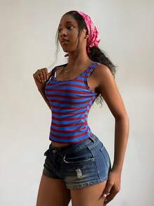 StreetHx Camiseta de punto de cuello cuadrado con rayas multicolor de moda para mujer - Multicolor - Ver 4