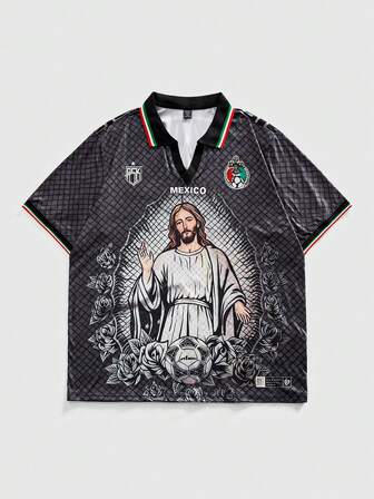 Maglietta vintage stile strada con scollo a V, motivo religioso